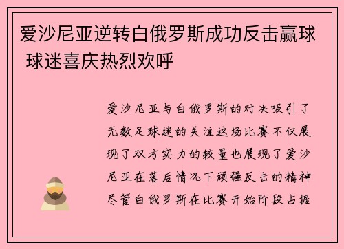 爱沙尼亚逆转白俄罗斯成功反击赢球 球迷喜庆热烈欢呼
