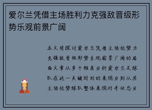 爱尔兰凭借主场胜利力克强敌晋级形势乐观前景广阔