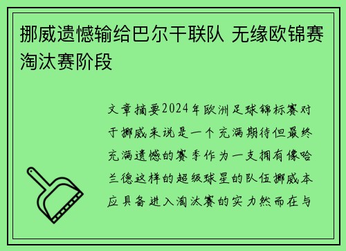 挪威遗憾输给巴尔干联队 无缘欧锦赛淘汰赛阶段