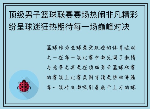顶级男子篮球联赛赛场热闹非凡精彩纷呈球迷狂热期待每一场巅峰对决