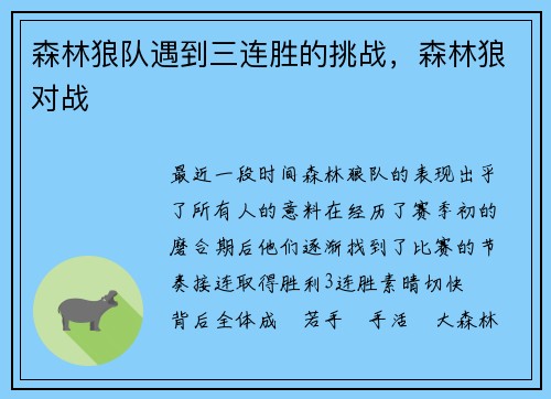 森林狼队遇到三连胜的挑战，森林狼对战