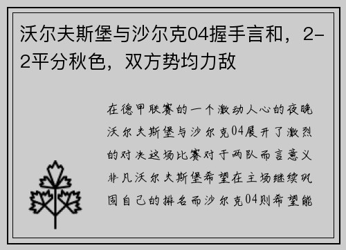 沃尔夫斯堡与沙尔克04握手言和，2-2平分秋色，双方势均力敌